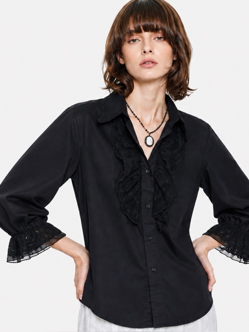 Anna Sui Black Lace Ruffle Balloon Sleeve Blouse Gothic Romantic Cottagecore M/L